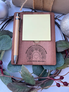 Wooden sticky note holder with pen