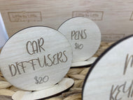 Market stall wooden price tags & stand